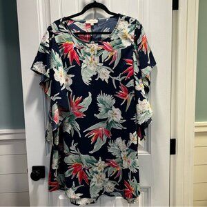 Umgee Blue Floral Tunic Dress with Pretty Ruffled Sleeves. Size L/XL.